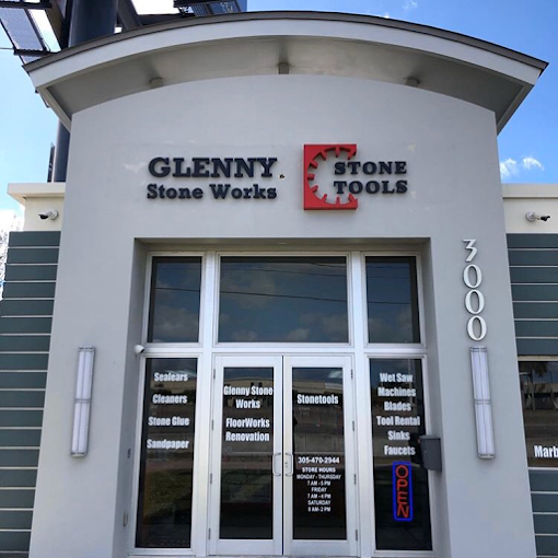 Building exterior with 'Glenny Stone Works' and 'Stone Tools' signage.